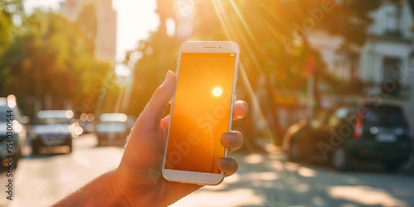 Fototapeta Human hand holding overheated smart phone with cityscape in the background. Heat wave and climate change.