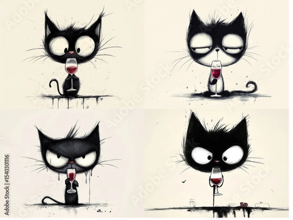 Obraz Cute angry animals drinks wine from glass. Black and white pencil drawing of funny animal on white background. Creative animal concept. Isolated on backdrop, commercial. digital art, faceted, minimal