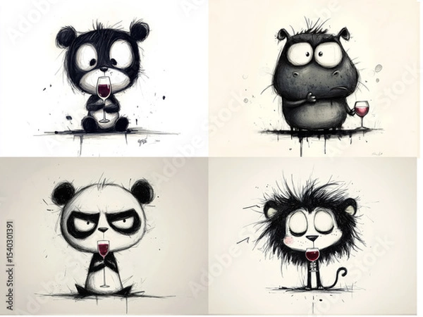 Obraz Cute angry animals drinks wine from glass. Black and white pencil drawing of funny animal on white background. Creative animal concept. Isolated on backdrop, commercial. digital art, faceted, minimal