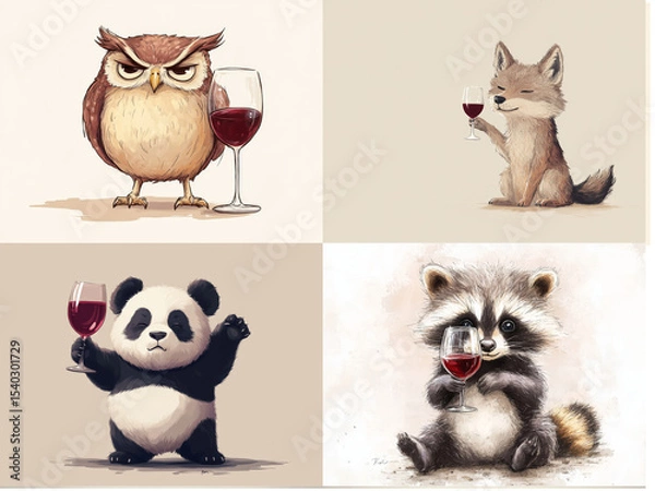 Obraz Cute angry animals drinks wine from glass. Black and white pencil drawing of funny animal on white background. Creative animal concept. Isolated on backdrop, commercial. digital art, faceted, minimal