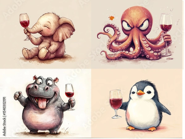 Obraz Cute angry animals drinks wine from glass. Black and white pencil drawing of funny animal on white background. Creative animal concept. Isolated on backdrop, commercial. digital art, faceted, minimal