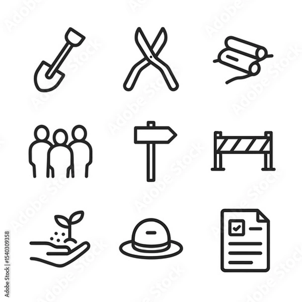 Fototapeta Trail Conservation Icons. Outline icon set of trail conservation and management: maintenance shovel, pruning shears, erosion