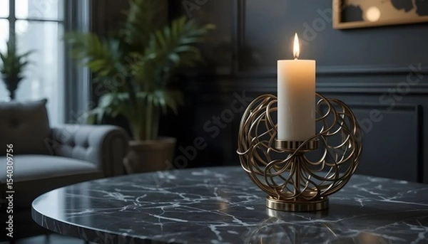 Obraz Macro shot of a sculptural metal candle holder on a marble table, modern decor, moody lighting