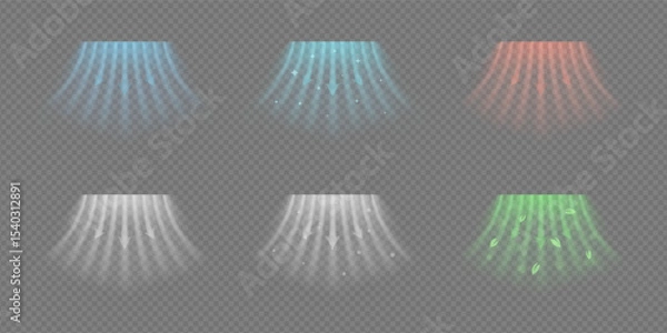 Fototapeta Dynamic air flow effect with hot and cold arrows. Abstract wave stream shows HVAC system or AC function. Blue red rays temperature, speed and purification. Vector illustration on transparent bg.