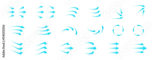 Fototapeta Modern air flow icon set with blue arrows and circular wave motion. Represents ventilation, filtration and purification system. Transparent vector symbols for HVAC home electronics infographic design