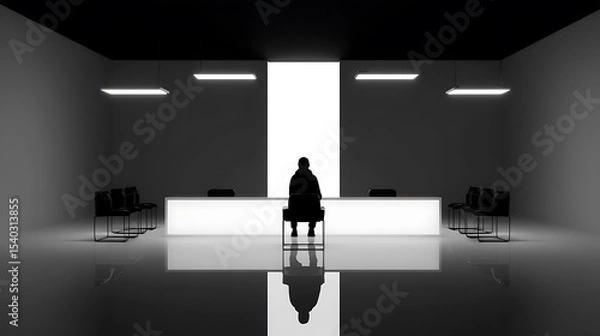 Fototapeta Monochrome loneliness person in empty waiting room