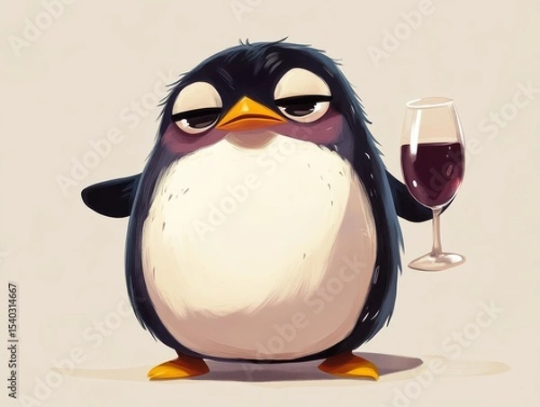 Obraz full body, a cute, angry adorable penguin is drinking wine, elegant, minimalist, children's drawing 
