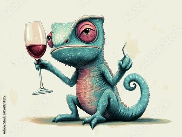 Obraz full body, a cute, angry adorable chameleon is drinking wine, elegant, minimalist, children's drawing 