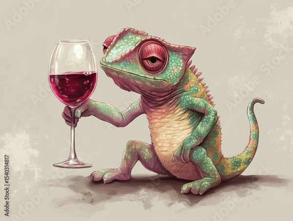 Obraz full body, a cute, angry adorable chameleon is drinking wine, elegant, minimalist, children's drawing 