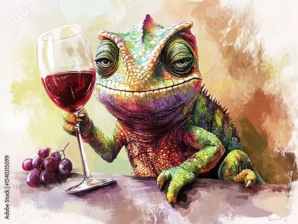 Obraz full body, a cute, angry adorable chameleon is drinking wine, elegant, minimalist, children's drawing 