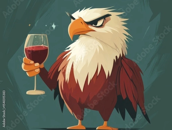 Obraz full body, a cute, angry adorable eagle is drinking wine, elegant, minimalist, children's drawing