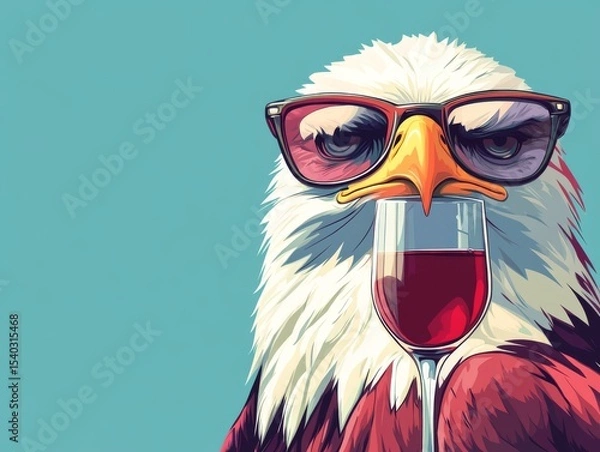 Obraz full body, a cute, angry adorable eagle is drinking wine, elegant, minimalist, children's drawing 