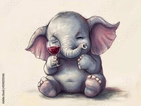 Obraz Cute angry elephant drinks wine from glass. colored pencil drawing of funny animal on white background. Creative animal concept. Isolated on backdrop, commercial. digital art, faceted, minimal	