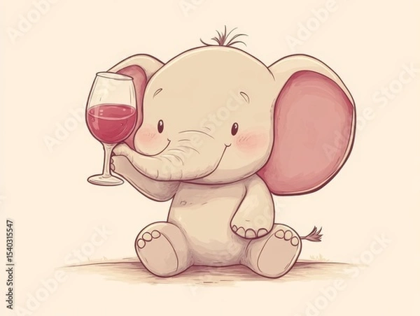 Obraz Cute angry elephant drinks wine from glass. colored pencil drawing of funny animal on white background. Creative animal concept. Isolated on backdrop, commercial. digital art, faceted, minimal	