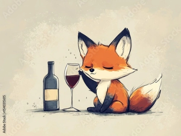 Obraz Cute angry fox drinks wine from glass. colored pencil drawing of funny animal on white background. Creative animal concept. Isolated on backdrop, commercial. digital art, faceted, minimal	
