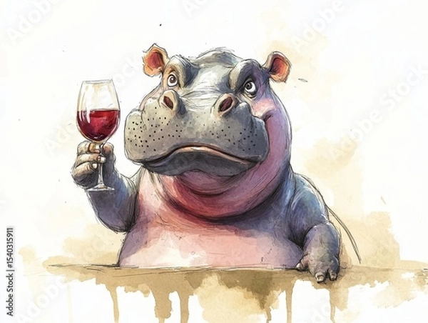 Obraz Cute angry hippo drinks wine from glass. colored pencil drawing of funny animal on white background. Creative animal concept. Isolated on backdrop, commercial. digital art, faceted, minimal	