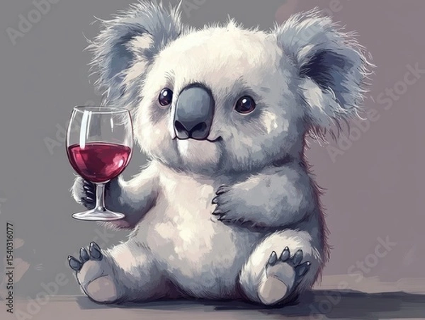 Obraz Cute angry koala drinks wine from glass. colored pencil drawing of funny animal on white background. Creative animal concept. Isolated on backdrop, commercial. digital art, faceted, minimal	