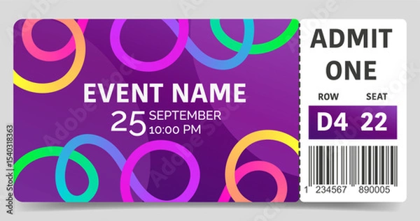 Fototapeta Event ticket template with wavy gradient rainbow lines. Modern concept for concerts, festivals, parties or creative event branding. Vector illustration