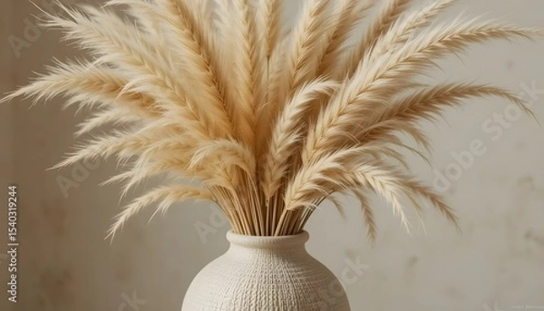 Obraz Close-up of dried pampas grass in a textured vase, beige tones, minimal background, soft natural lighting