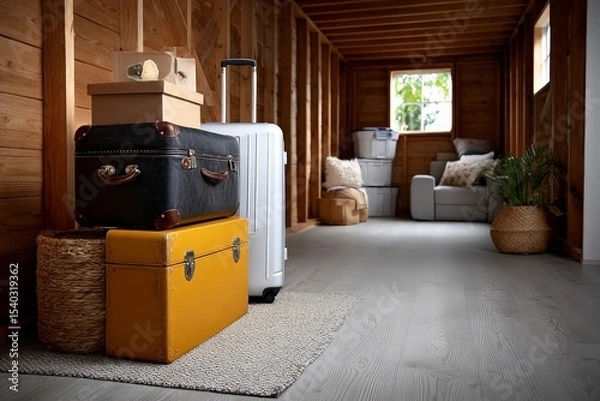 Fototapeta Spacious Storage Unit Interior with Cardboard Boxes and Luggage