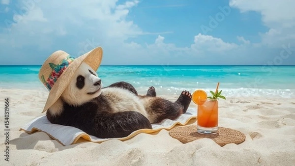 Fototapeta A cute panda relaxing on a sunny beach with a colorful cocktail in hand, symbolizing tropical vacation vibes, fun, relaxation, exotic charm, summer joy, and a playful escape into paradise