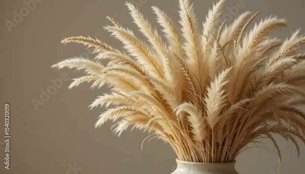Obraz Close-up of dried pampas grass in a textured vase, beige tones, minimal background, soft natural lighting