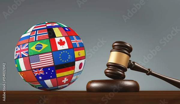 Obraz International Flags Globe And Judge Gavel. Laws And Global Justice Concept