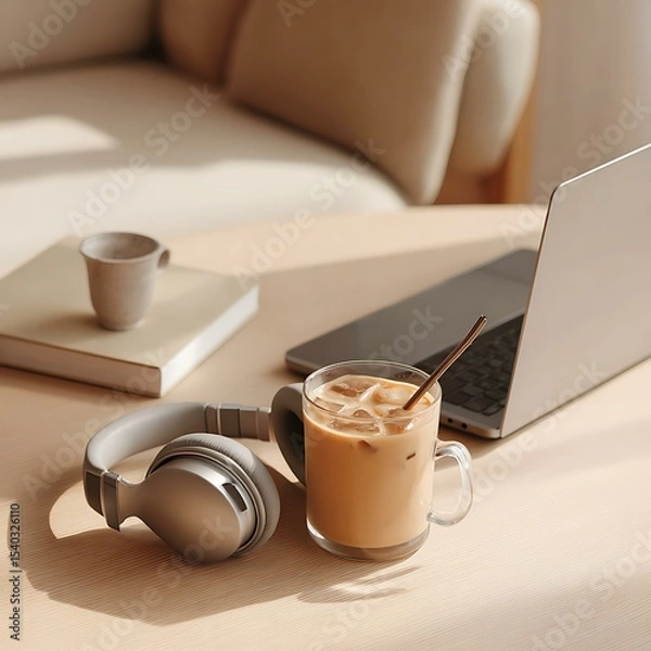 Fototapeta Remote work setup in minimalist office with headphones and iced coffee
