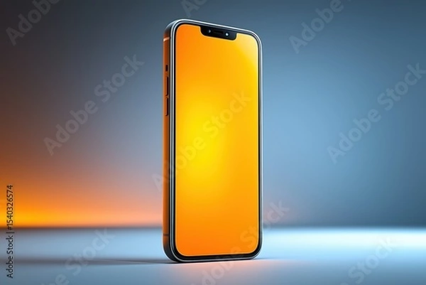 Fototapeta 3D rendered mobile phone, display under spotlight, screen, camera, green, blue, black, orange, yellow, still life display, mobile phone display, indoor scene