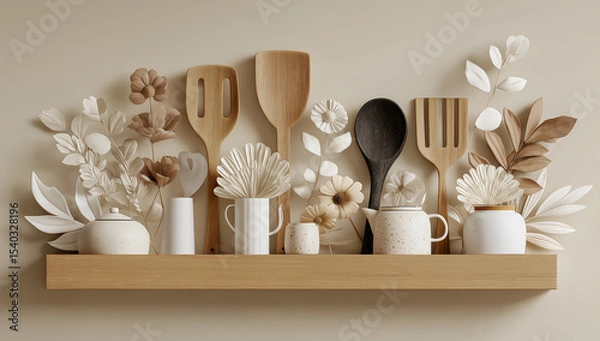 Fototapeta Minimalist Scandinavian Kitchen Shelf with Wooden Utensils and Ceramic Containers in Cozy Home Interior Still Life

