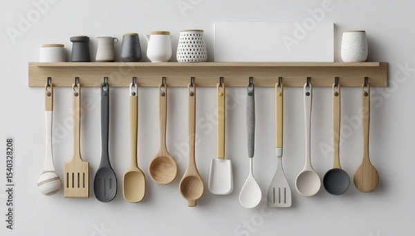 Fototapeta Minimalist Scandinavian Kitchen Shelf with Wooden Utensils and Ceramic Containers in Cozy Home Interior Still Life

