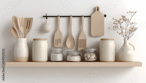Fototapeta Minimalist Scandinavian Kitchen Shelf with Wooden Utensils and Ceramic Containers in Cozy Home Interior Still Life

