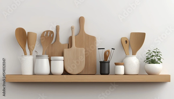 Fototapeta Minimalist Scandinavian Kitchen Shelf with Wooden Utensils and Ceramic Containers in Cozy Home Interior Still Life

