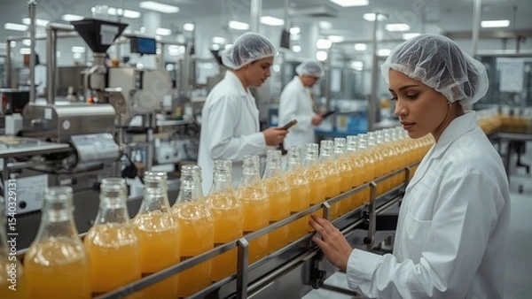Fototapeta Industrial orange juice production process at modern factories, featuring automated machinery, fresh citrus fruits, conveyor belts, extraction, bottling, packaging, and mass beverage manufacturing