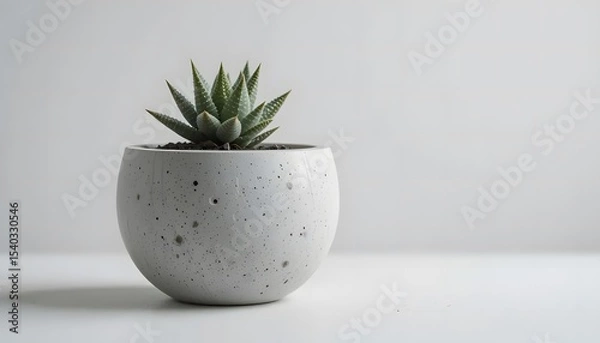 Obraz Macro image of a modern concrete planter with a small succulent, white background, clean aesthetic