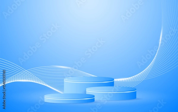 Fototapeta Multi-layered blue podium with elegant white wave lines on the back for product presentation. Display of cosmetic products. Stage or podium. vector illustration	