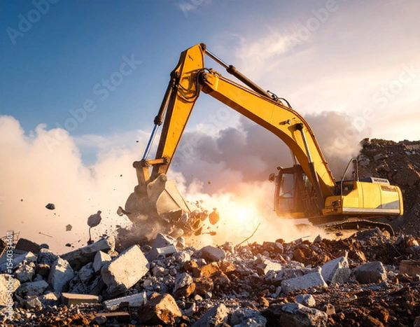 Fototapeta A construction crane dropping materials onto the ground, bending metal and smashing concrete blocks.