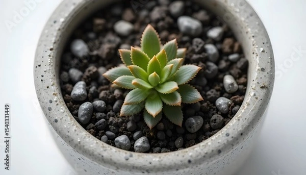 Obraz Macro image of a modern concrete planter with a small succulent, white background, clean aesthetic