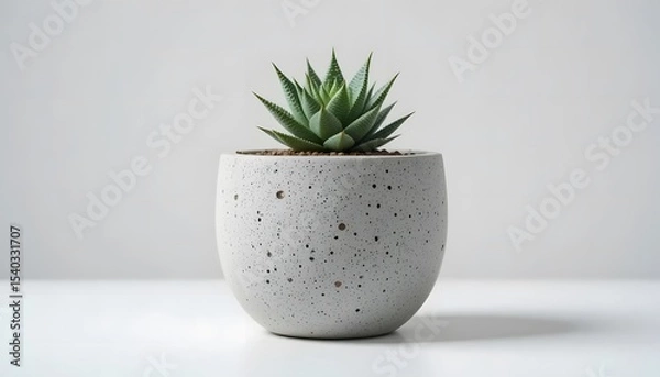 Obraz Macro image of a modern concrete planter with a small succulent, white background, clean aesthetic