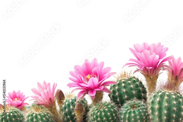 Fototapeta collection of green cactus plants adorned with vibrant pink flowers in full bloom isolated on white background