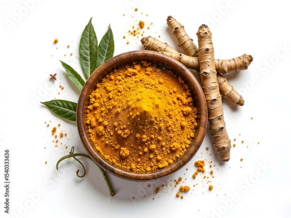 Fototapeta Fresh turmeric roots and ground turmeric in wooden bowl with green herbs, suitable for food, health, or spice content. Generative AI