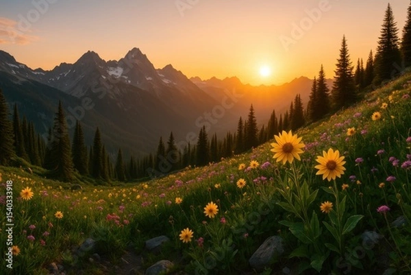 Obraz Breathtaking Mountain Landscape with Wildflowers and Sunset Glow