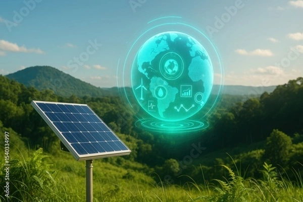 Obraz Solar Panel in Lush Landscape with Futuristic Global Energy Concept Hologram