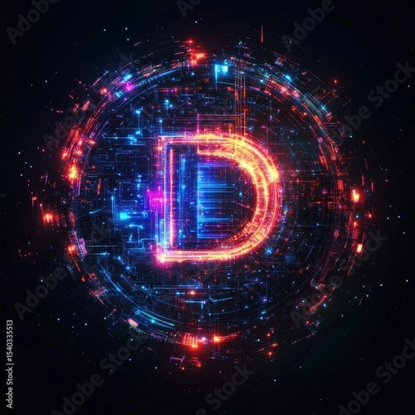 Obraz Letter D Surrounded by a Glowing Circular Circuitry Network on Black