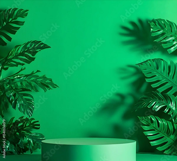 Fototapeta Product podium with green paper cut tropical monstera and palm leaf on green background. AI-generated