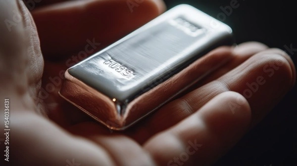 Fototapeta A person holding a silver bar in their open hand