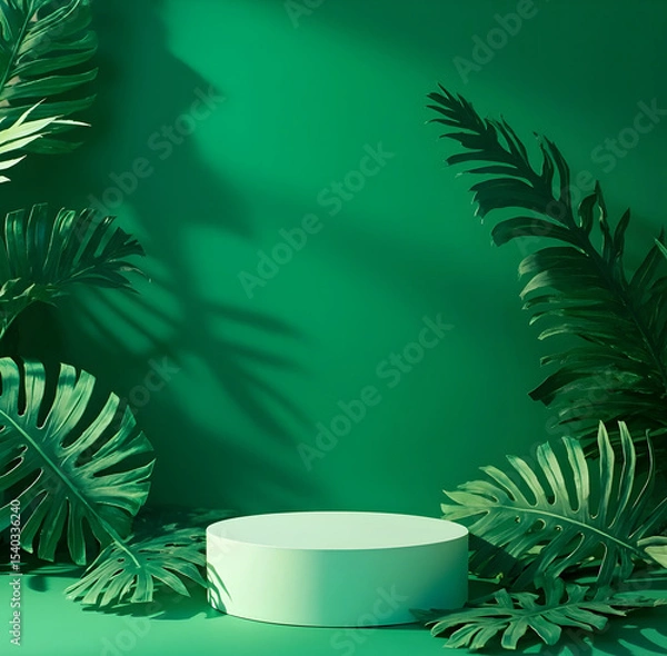 Fototapeta Product podium with green paper cut tropical monstera and palm leaf on green background. AI-generated