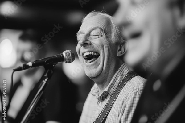 Fototapeta A man is singing into a microphone and smiling