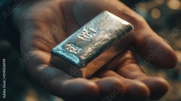 Fototapeta A person is holding a silver bar in their hand