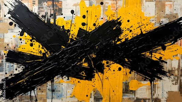 Fototapeta Yellow and black brush drawn overlay texture. AI-generated